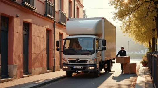 Photo réaliste d'un déménagement à Toulouse avec camion devant des immeubles en briques roses typiques et la Garonne en arrière-plan