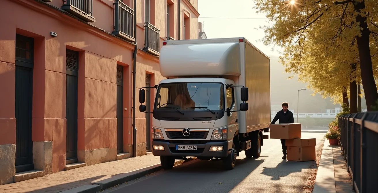 Photo réaliste d'un déménagement à Toulouse avec camion devant des immeubles en briques roses typiques et la Garonne en arrière-plan