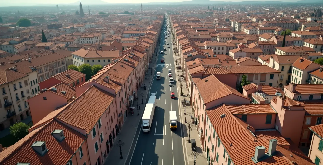 Vue aérienne réaliste des quartiers de Toulouse montrant les différents accès et contraintes logistiques pour un déménagement