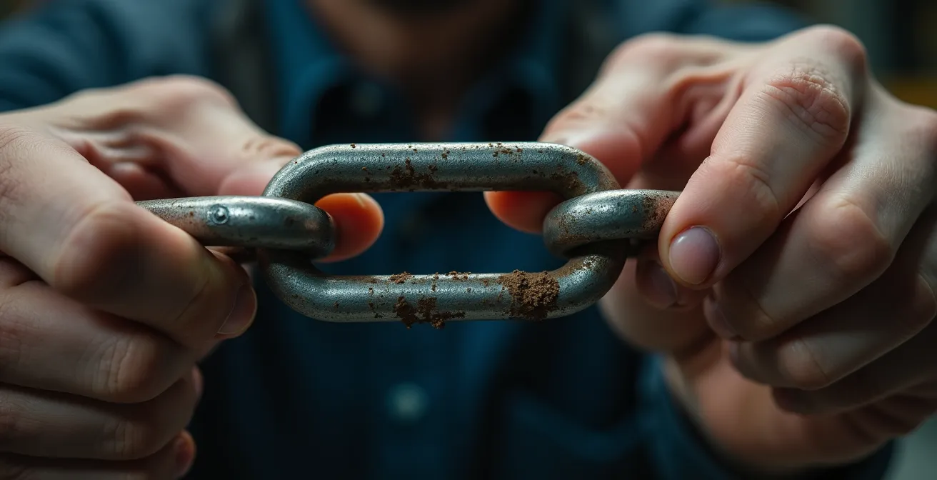 Gros plan sur des mains examinant une chaîne métallique avec un maillon fragilisé