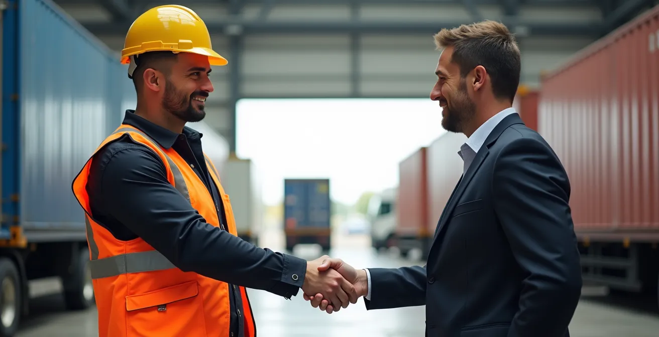 Vue d'ensemble d'un hub logistique avec camions, train et conteneurs dans une organisation harmonieuse